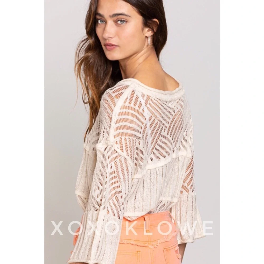 POL Open Weave Loose Knit Half Button Top